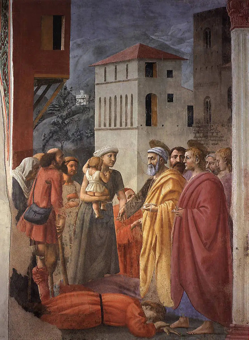 Verdeling van de aalmoes en de dood van Ananias - Masaccio