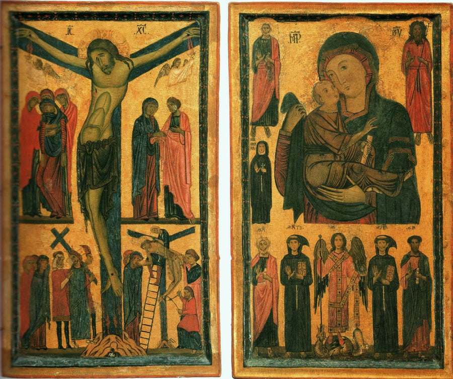 Dittico van de Kruisiging en de Madonna met Kind en heiligen - Bonaventura Berlinghieri