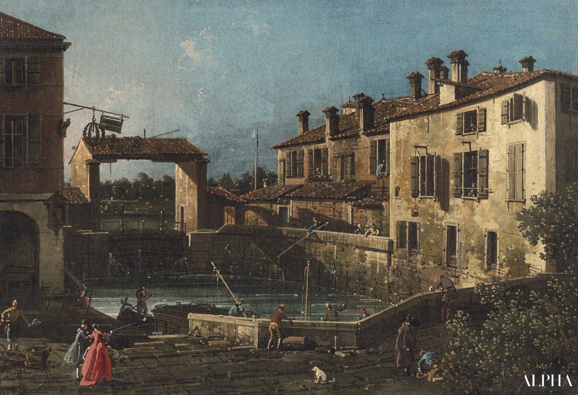 Sluis van het Brenta-kanaal in Dolo - Giovanni Antonio Canal - Reproducties van schilderijen en hoogwaardige schilderkunst