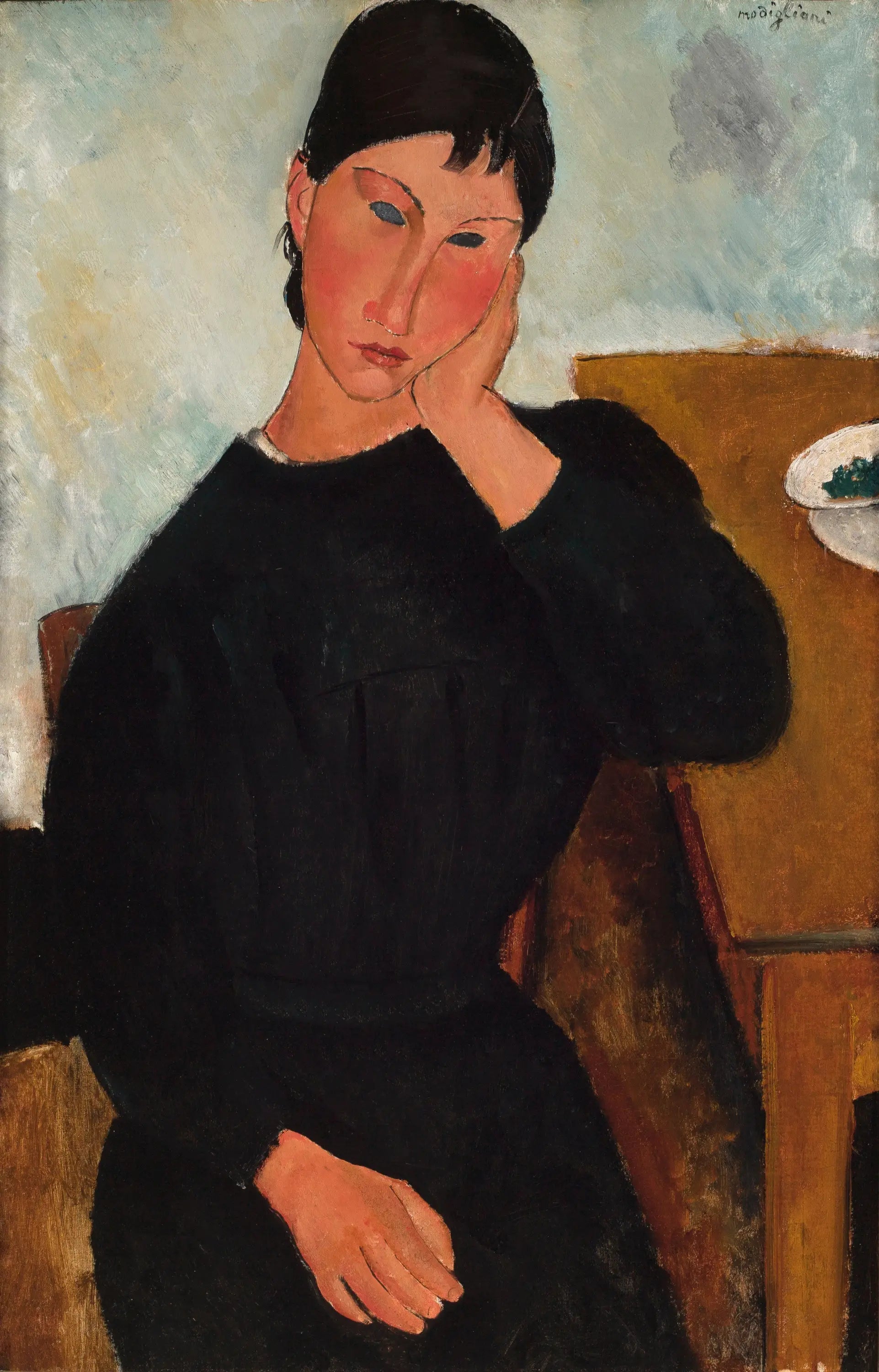 Reproduction du tableau « Elvire assise, accoudée à une table - Amedeo Modigliani » par Alpha Reproduction en peinture à l’huile