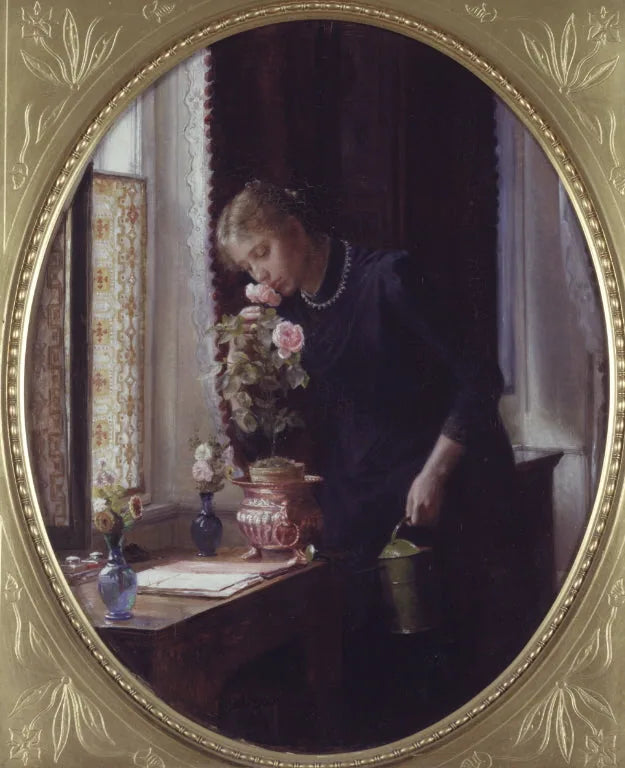 Een jong meisje dat tot roze ruikt - Carl Heinrich Bloch