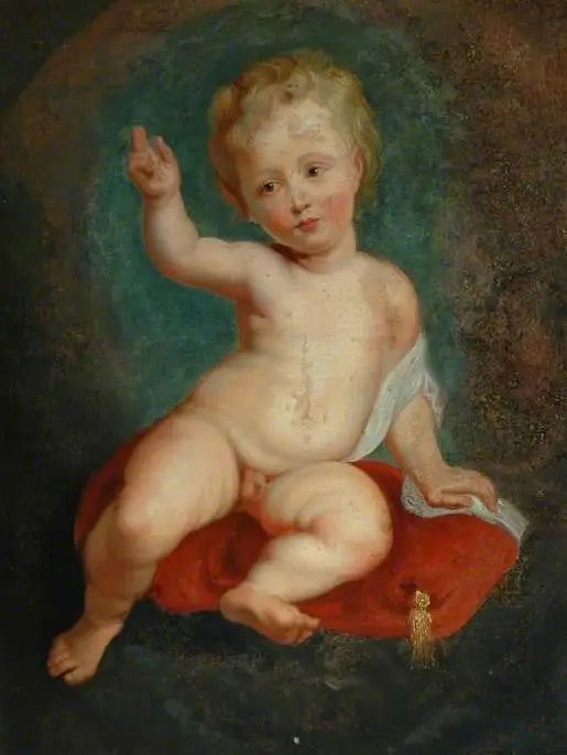 Kind zittend op een rode kussen - Peter Paul Rubens