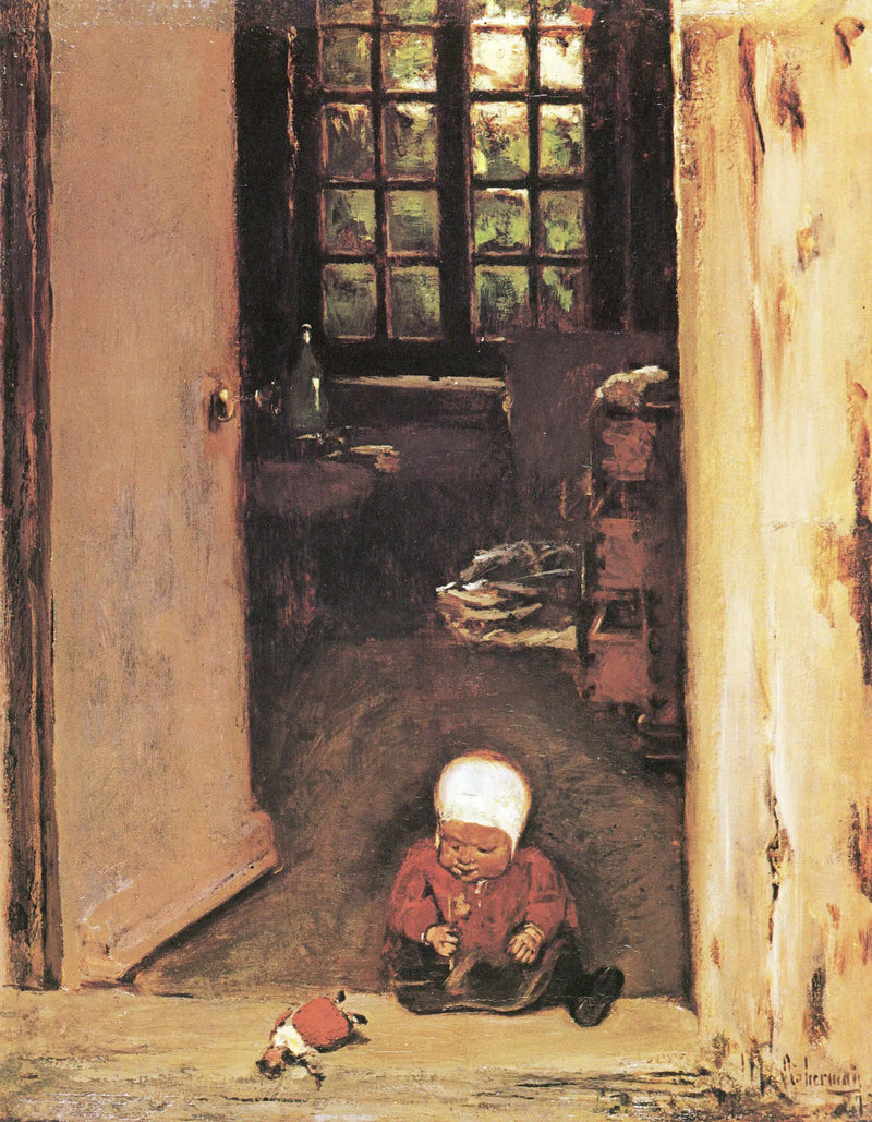 Kind dat speelt in de deuropening - Max Liebermann