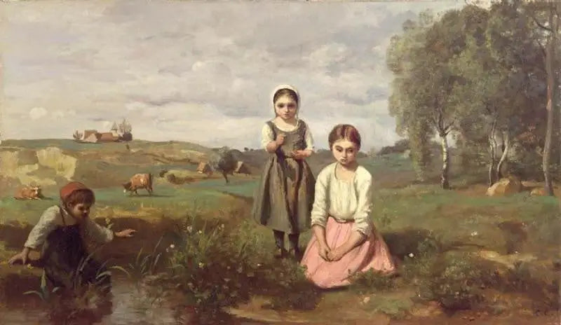 Kinderen aan de rand van een beekje in het platteland in Lormes - Jean-Baptiste Camille Corot