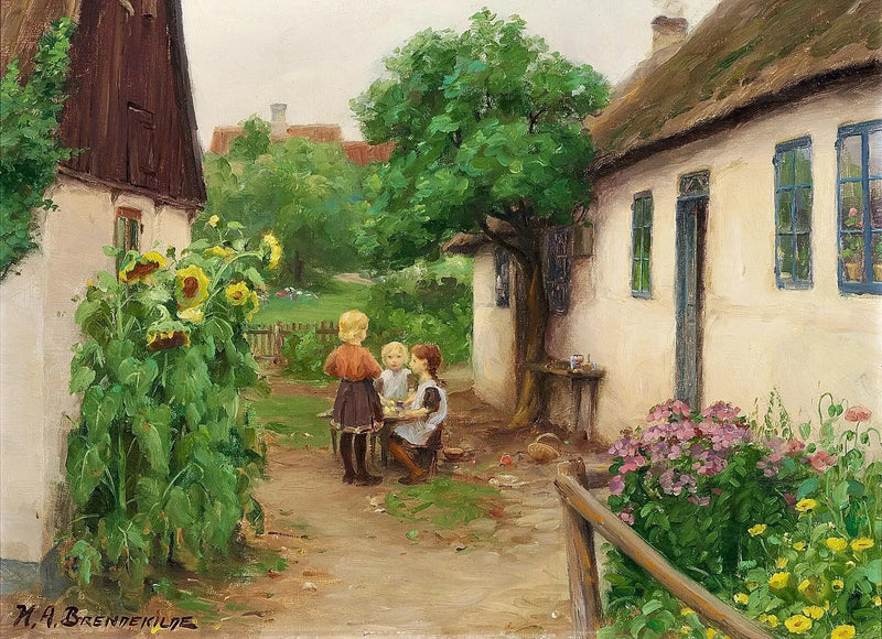 Kinderen die spelen bij een boerderij, links van de bloeiende zonnebloemen. - H. A. Brendekilde

Source:
Enfants jouant près d'une ferme, à gauche des tournesols en fleurs. - H. A. Brendekilde