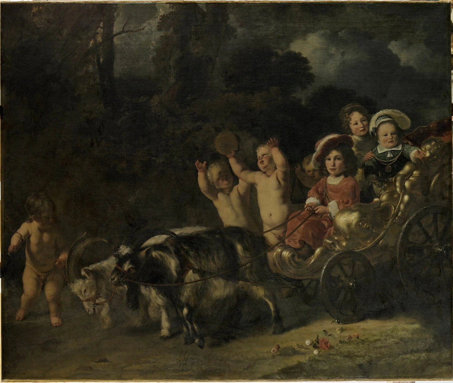 Enfants nobles (de la famille Trip ?) dans un char traîné par des chèvres - Ferdinand Bol