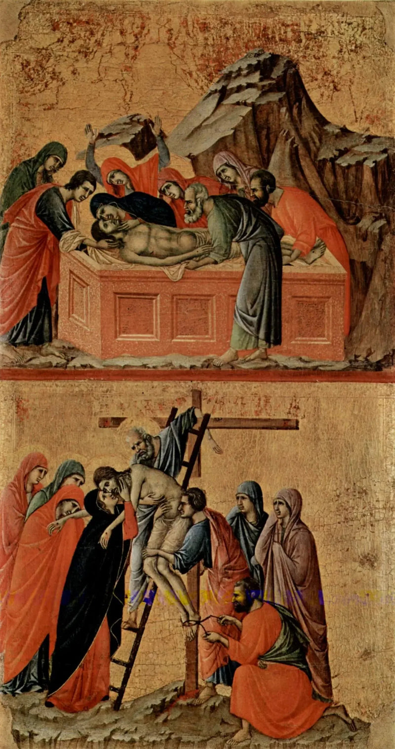 Begrafenis van Christus (bovenaan); Kruisafname (onderaan) - Duccio di Buoninsegna