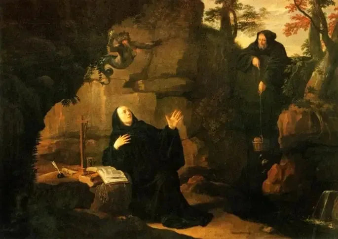 Levensverhalen van de heilige Benedictus: Heilige Benedictus gevoed door broeder Romain - Philippe de Champaigne