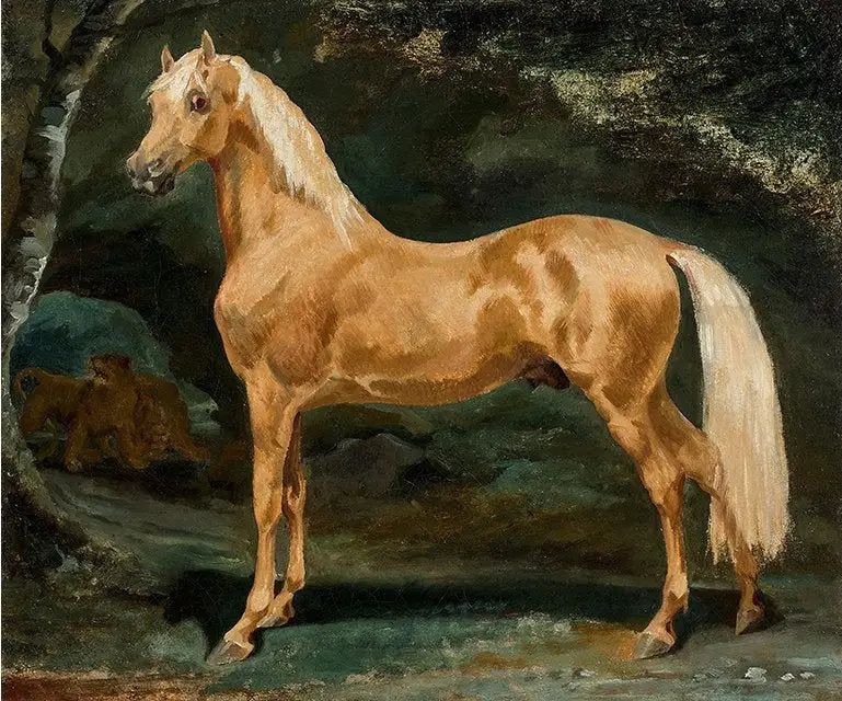 Arabisch palomino paard geschrokken door twee wilde dieren - Théodore Géricault
