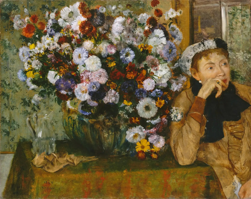 Vrouw zittend naast een vaas met bloemen - Edgar Degas