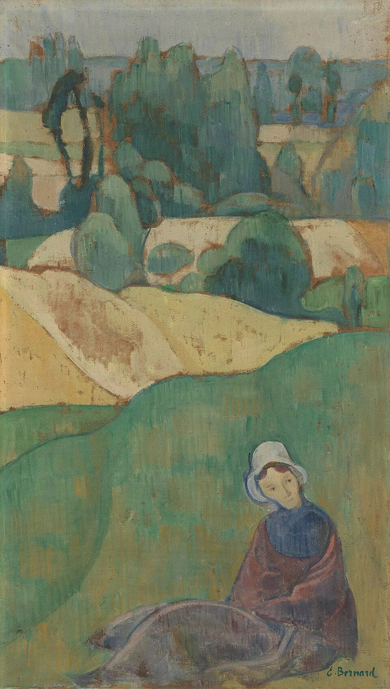 Vrouw zittend in een veld: Bretagne - Émile Bernard