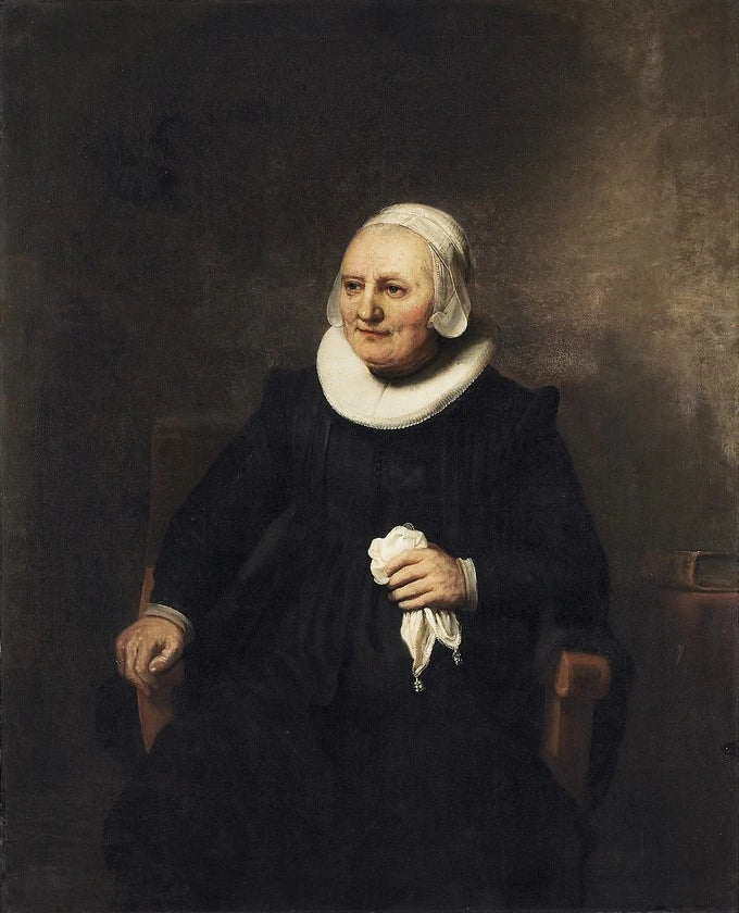 Portret van een zittende vrouw met een zakdoek - Rembrandt