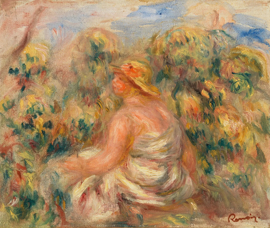 Vrouw met hoed in een landschap - Pierre-Auguste Renoir