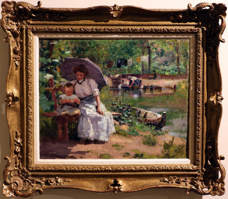 Vrouw met kind zittend in een bos - Federico Zandomeneghi
