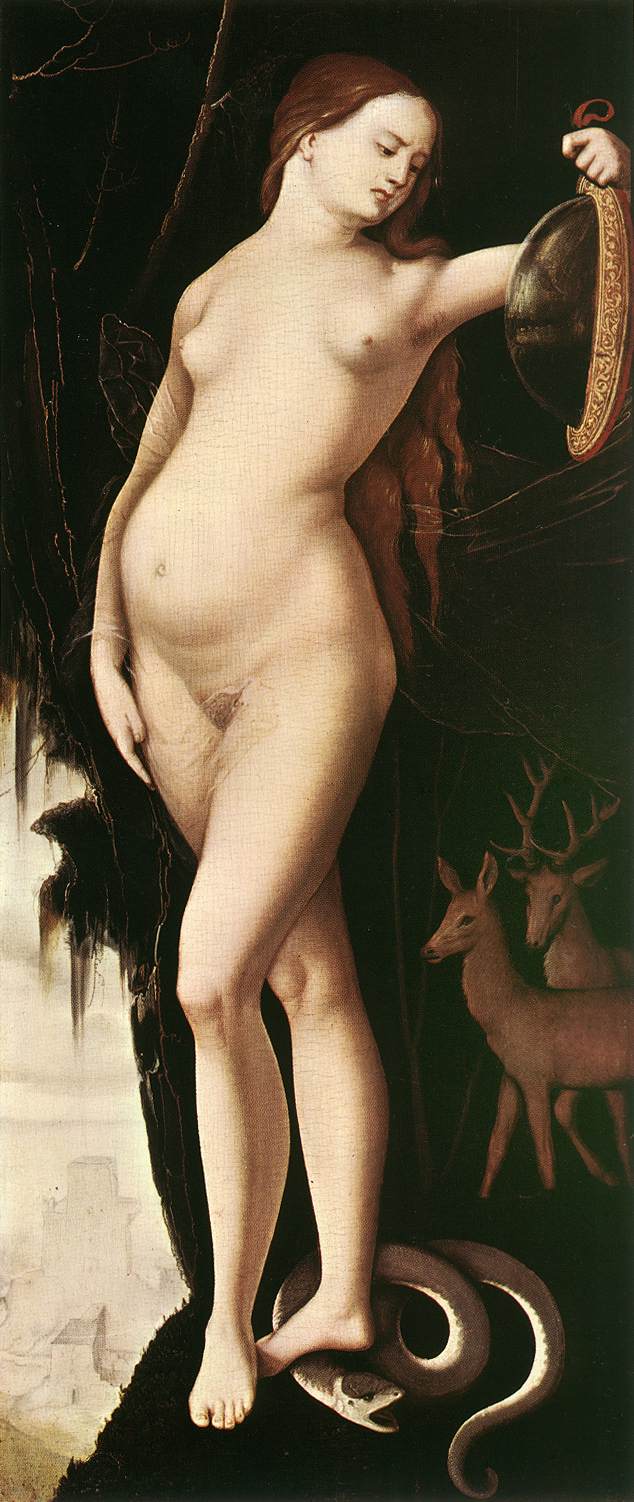 Vrouw met spiegel, slang, hert en hond - Hans Baldung Grien