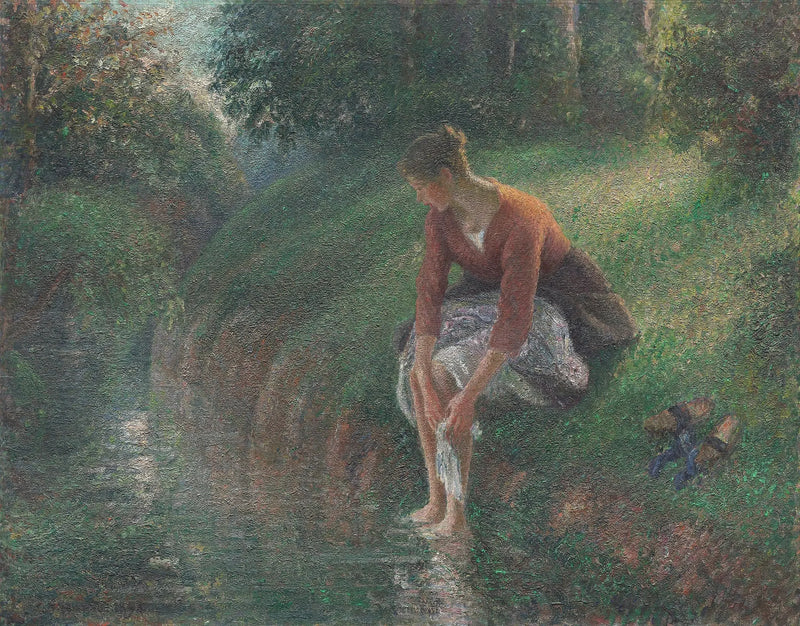 Vrouw die haar voeten in een beekje baadt - Camille Pissarro