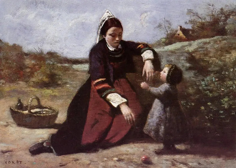Bretonse vrouw en haar kleine dochter - Jean-Baptiste Camille Corot
