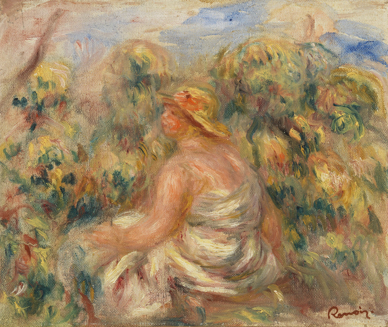 Vrouw met hoed in een landschap - Pierre-Auguste Renoir