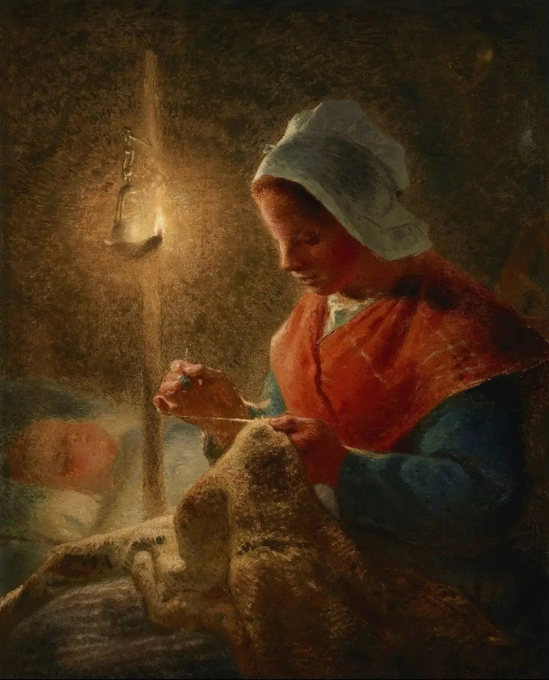 Vrouw naait bij het licht van de lamp - Jean-François Millet