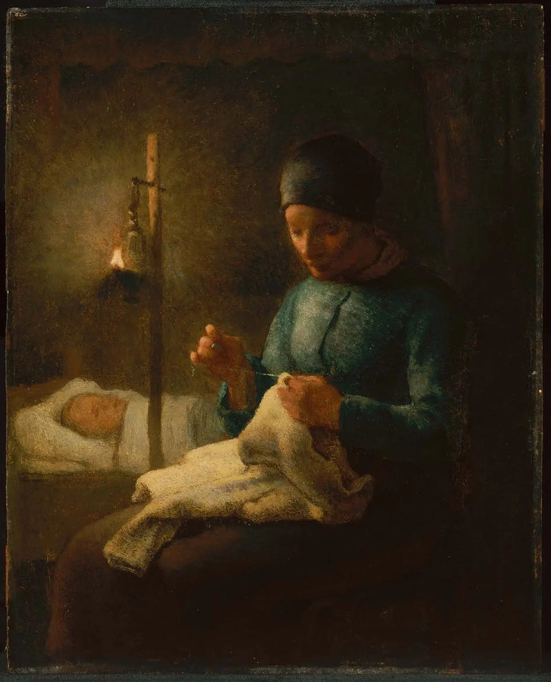 Vrouw die naast haar slapende kind naait - Jean-François Millet