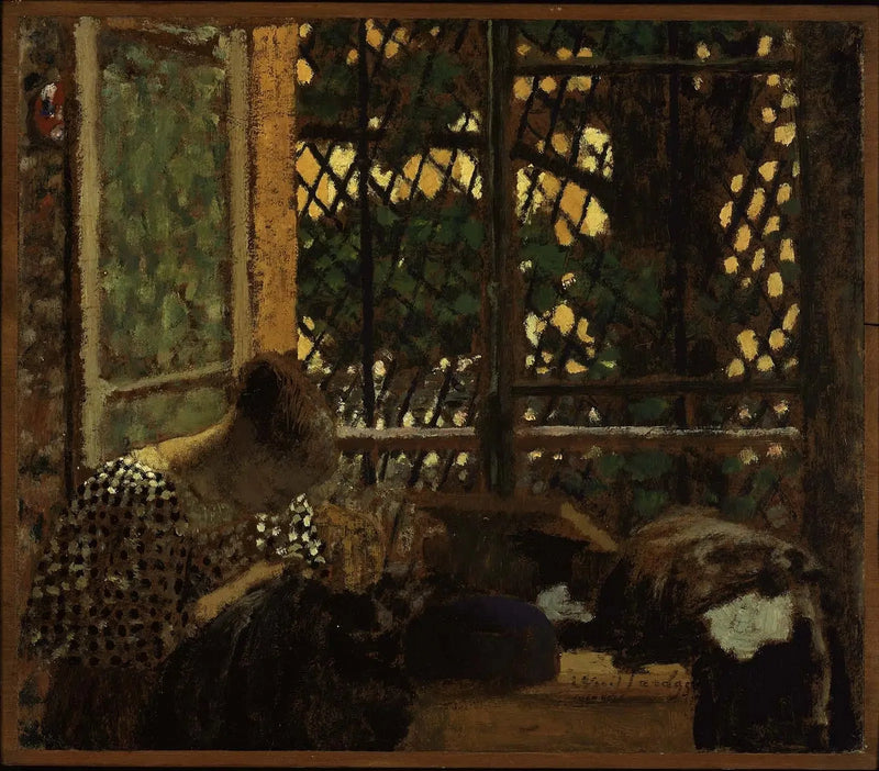 Vrouw die voor een tuinraam naait - Édouard Vuillard