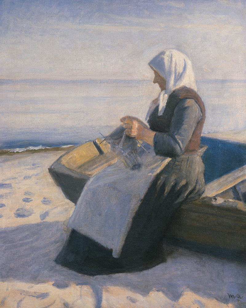 Femme de pêcheur tricotant sur la plage de Skagen - Michael Peter Ancher
