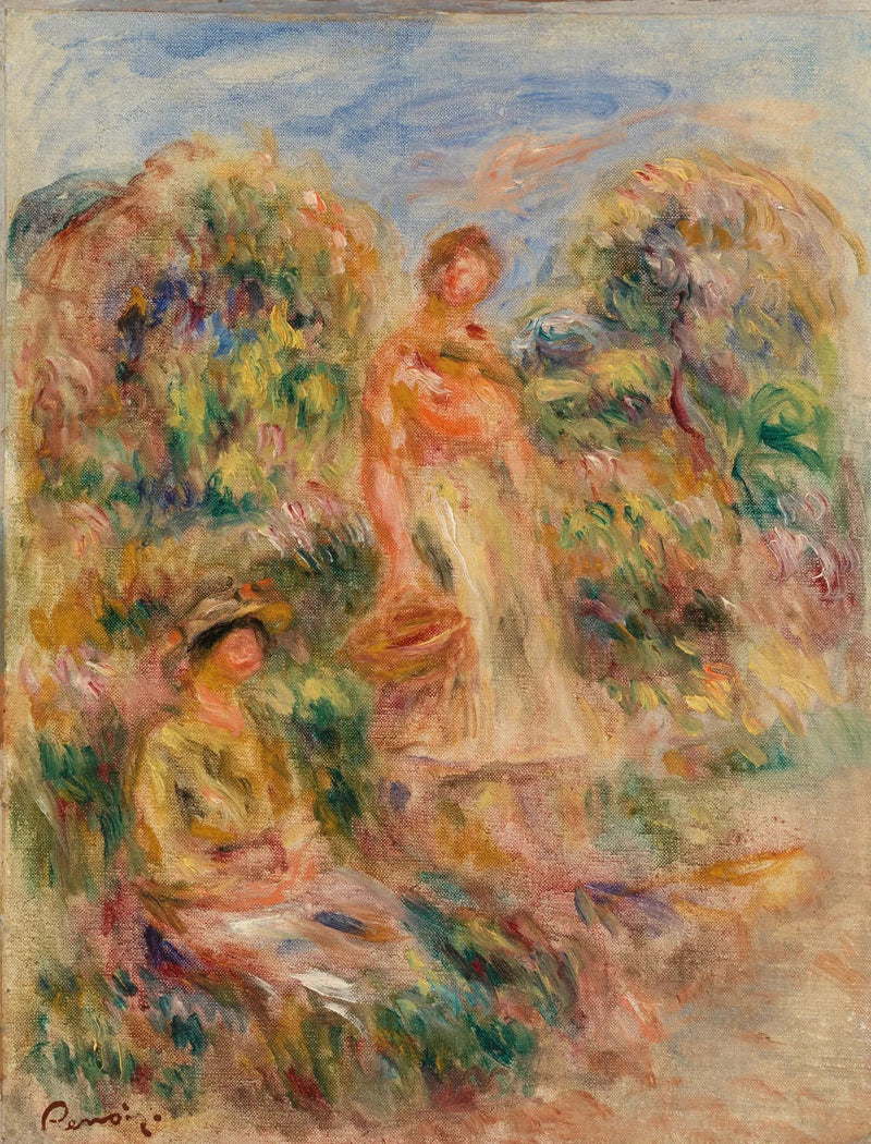Staande vrouw en zittende vrouw in een landschap - Pierre-Auguste Renoir