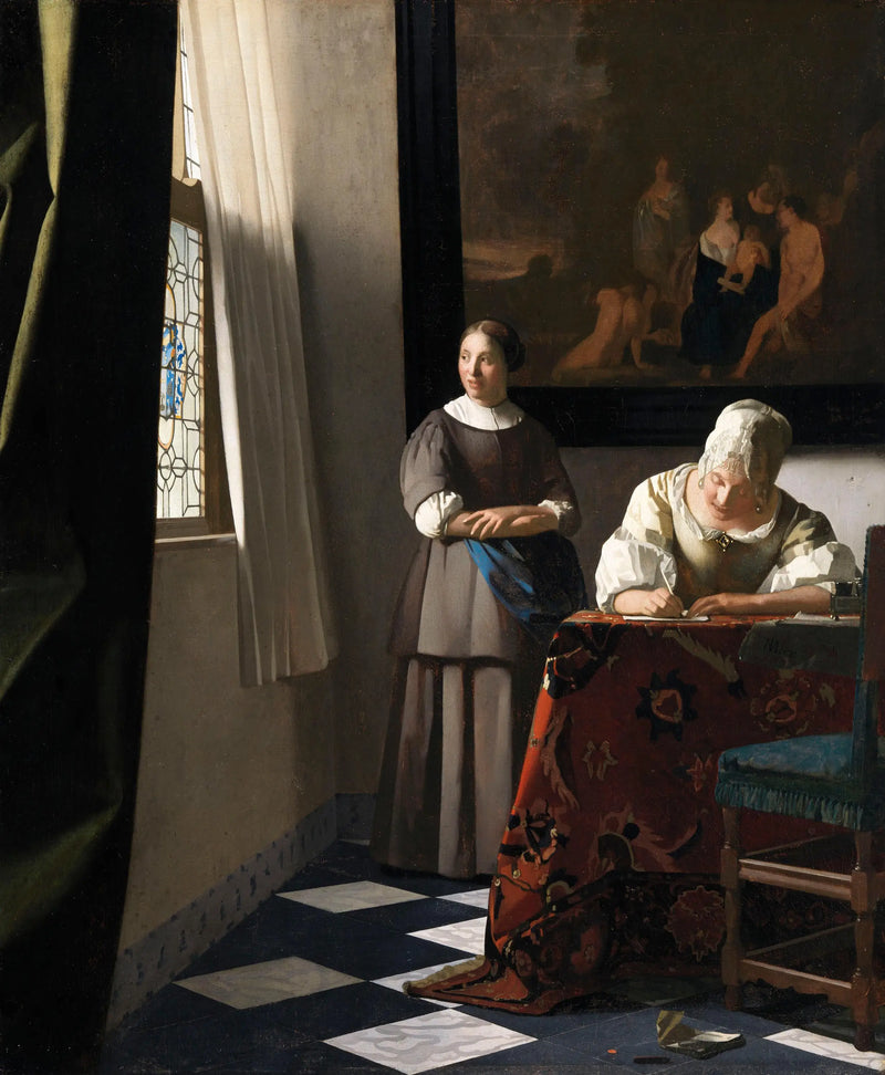 Vrouw die een brief schrijft en haar dienstmeid - Johannes Vermeer