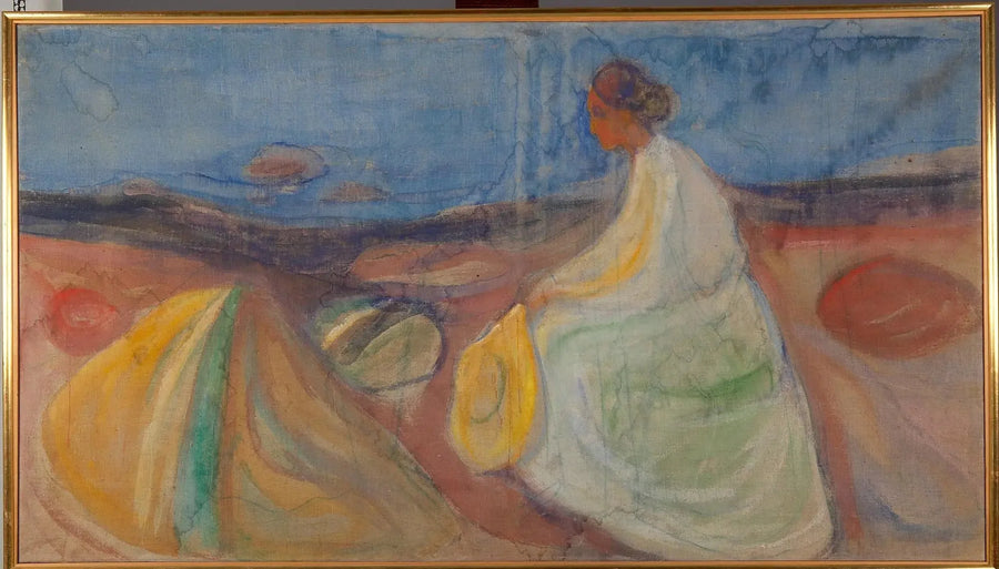 Vrouw in het wit zittend op het strand - Edvard Munch