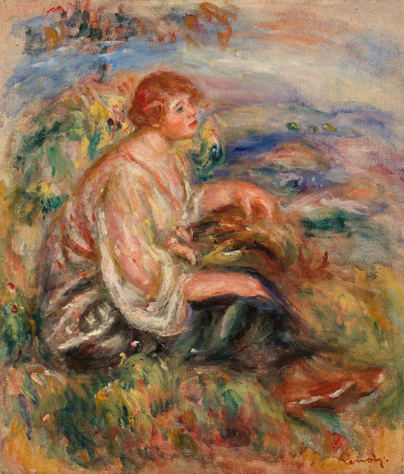 Vrouw in een tule blouse en een zwarte rok in een landschap - Pierre-Auguste Renoir