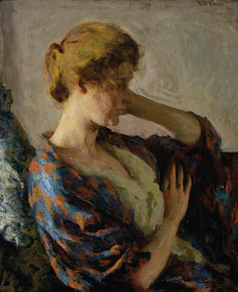 Vrouw in blauwe kimono - Frank Weston Benson