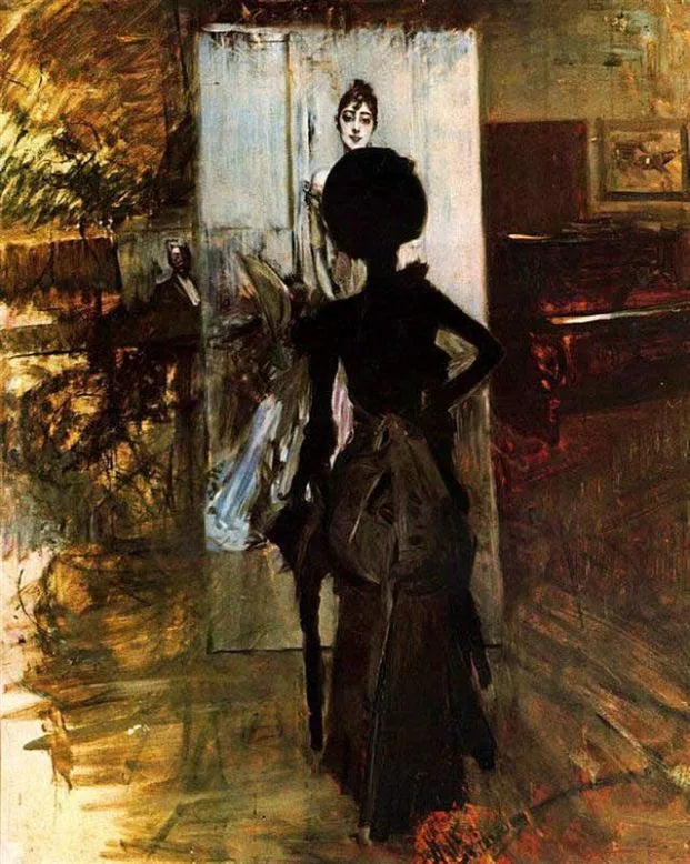 Vrouw in zwart die kijkt naar « Pastel blanc » - Giovanni Boldini