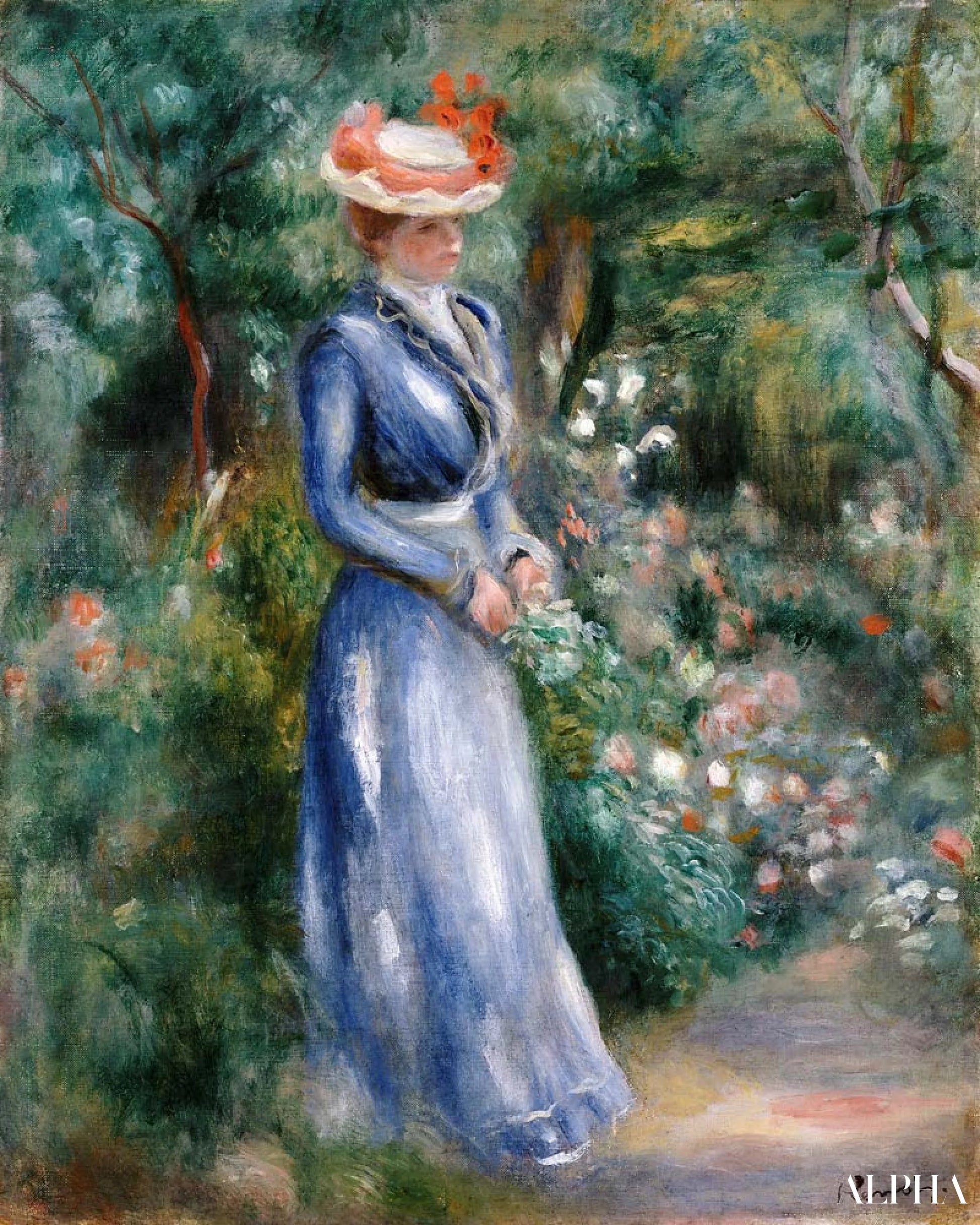 Vrouw in blauwe jurk staande in de tuin van Saint-Cloud - Pierre-Auguste Renoir - Reproducties van schilderijen en hoogwaardige schilderijen