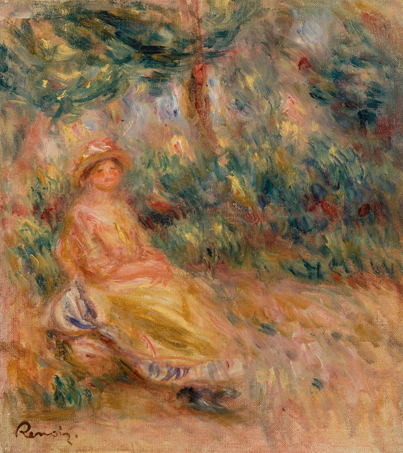 Vrouw in roze en geel in een landschap - Pierre-Auguste Renoir