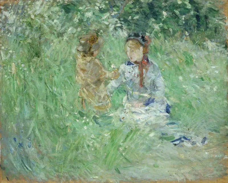 Vrouw en kind in een weiland in Bougival - Berthe Morisot