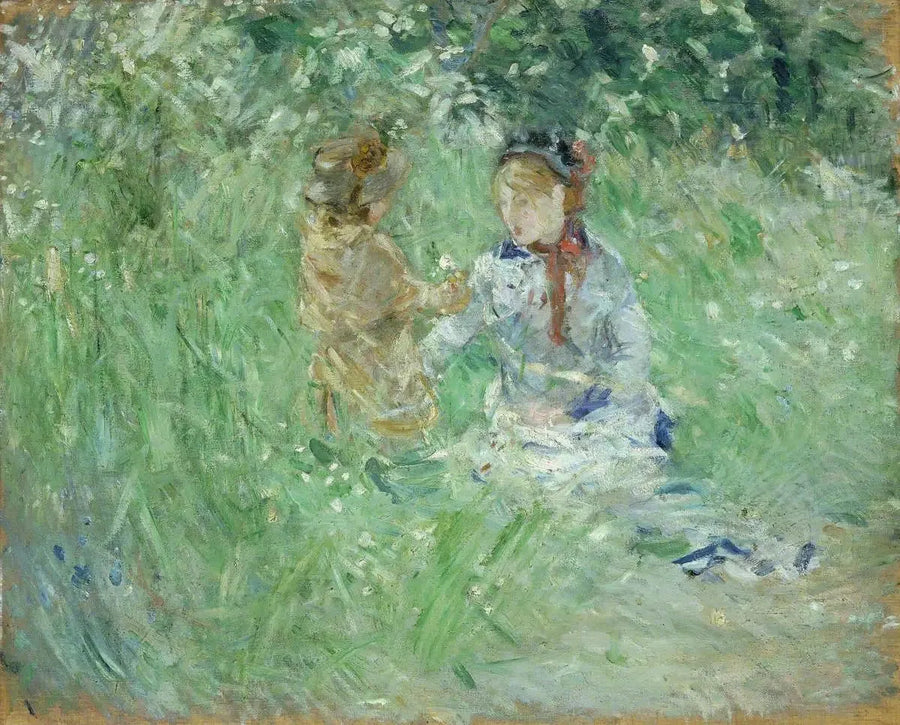Vrouw en kind in een weiland in Bougival - Berthe Morisot