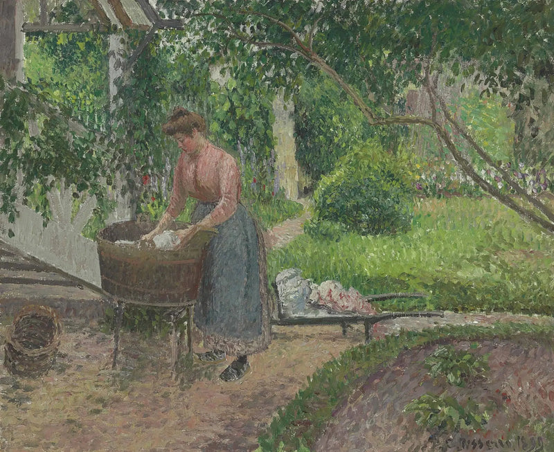 Vrouw die was doet in de tuin, Éragny - Camille Pissarro