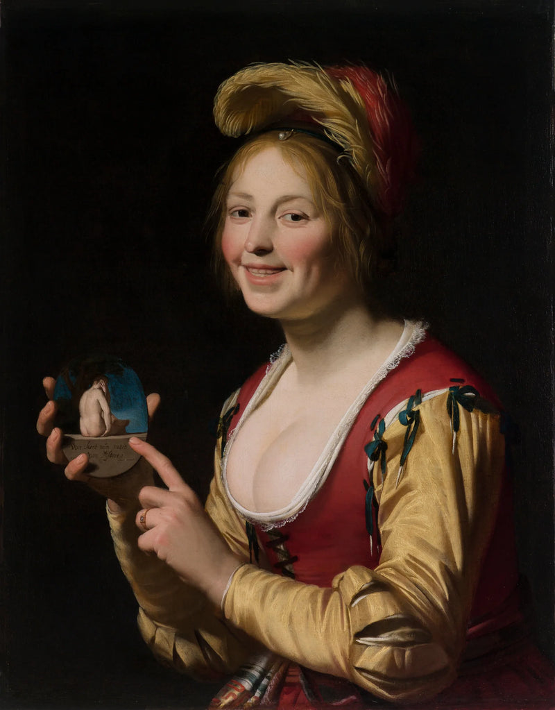 Vrouw die een obscene voorwerp toont - Gerrit van Honthorst