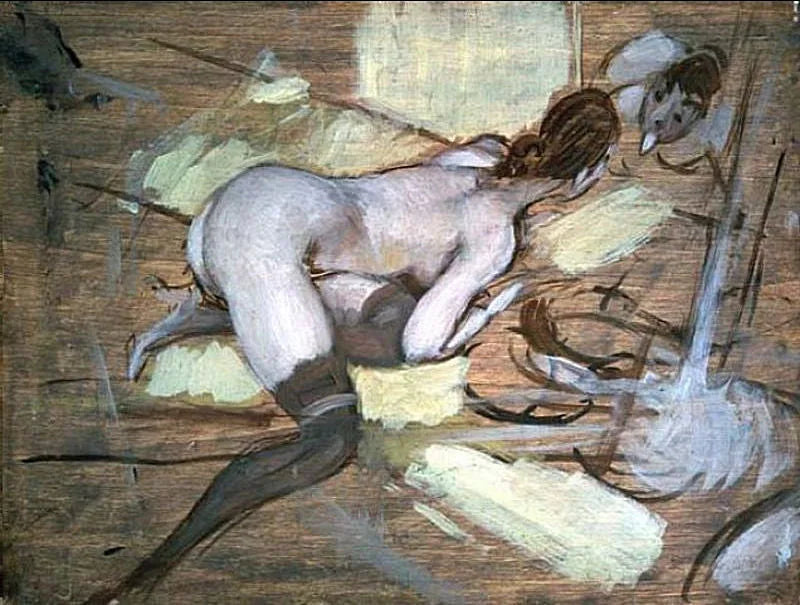 Naakte vrouw liggend op gele kussens - Giovanni Boldini