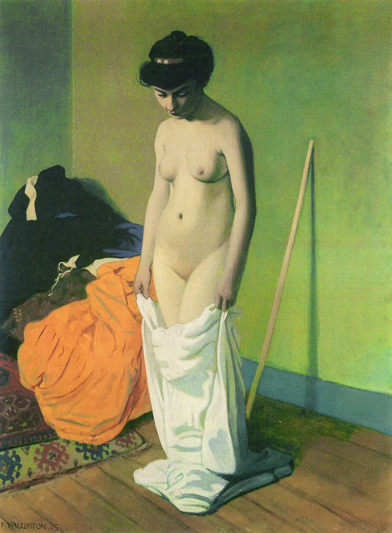 Naakte vrouw staand, die haar blouse met beide handen vasthoudt - Félix Vallotton

Source:
Femme nue debout tenant sa chemise à deux mains - Félix Vallotton