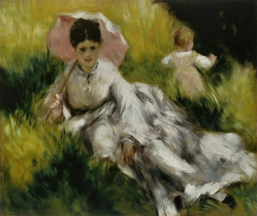 Vrouw met een parasol en een klein kind op een zonnige heuvel - Pierre-Auguste Renoir