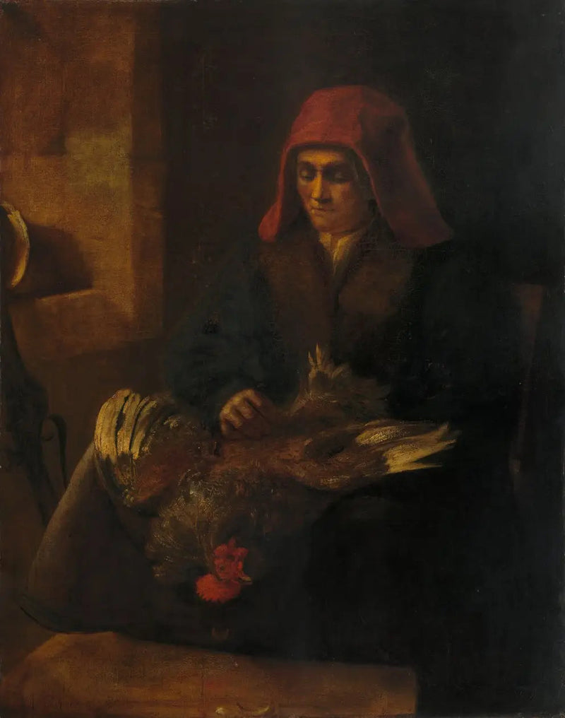Vrouw die een gevogelte plukt - Rembrandt
