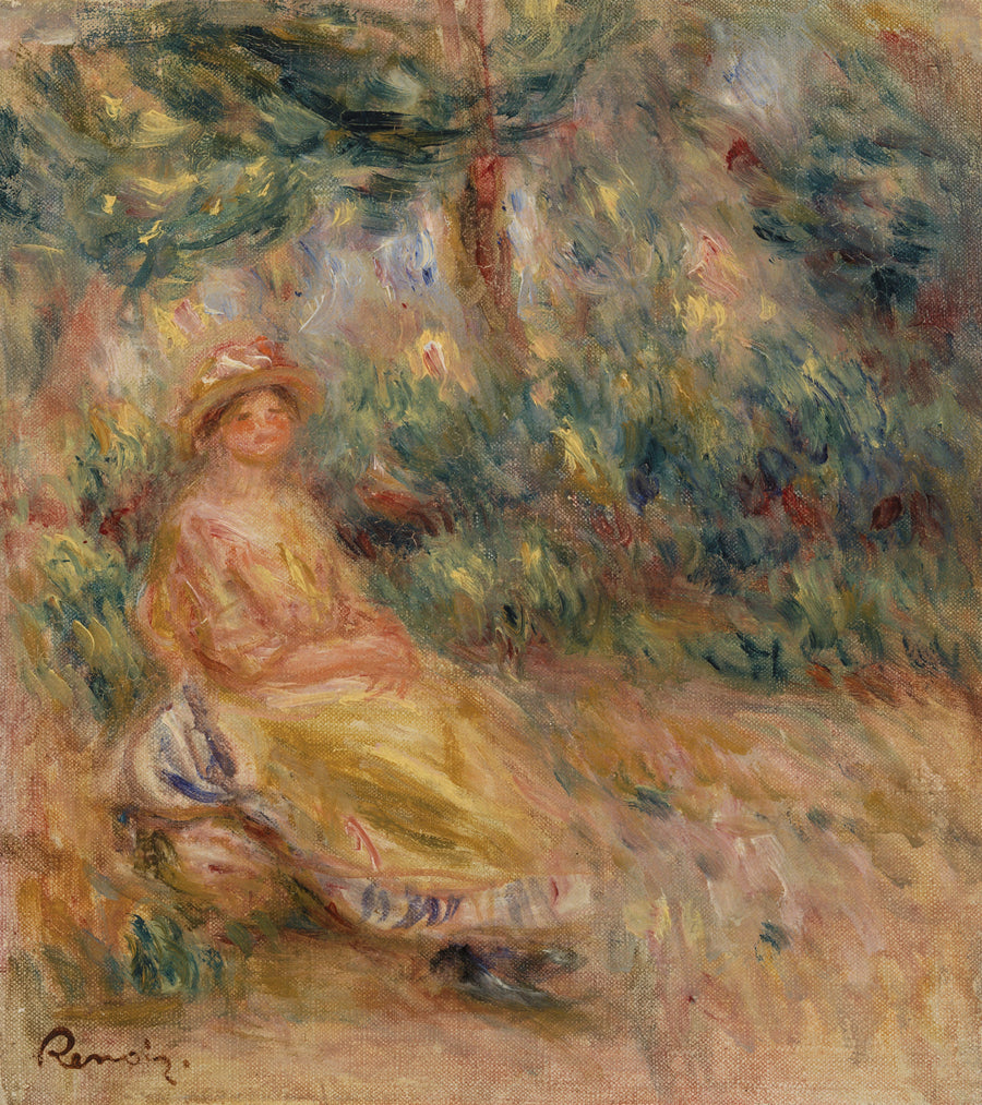 Vrouw in roze en geel in een landschap - Pierre-Auguste Renoir