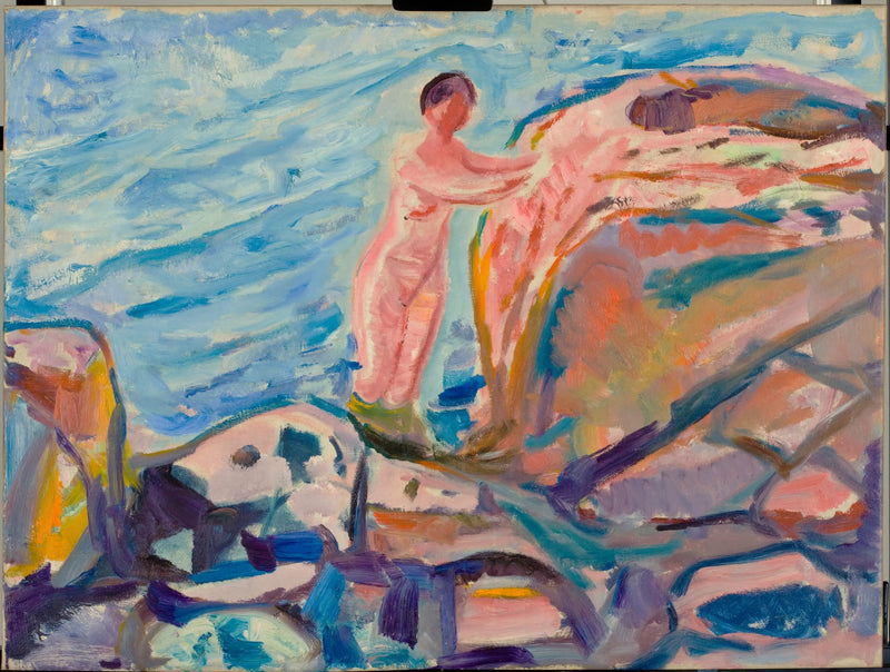 Vrouw die zich baadt bij een rode klif - Edvard Munch