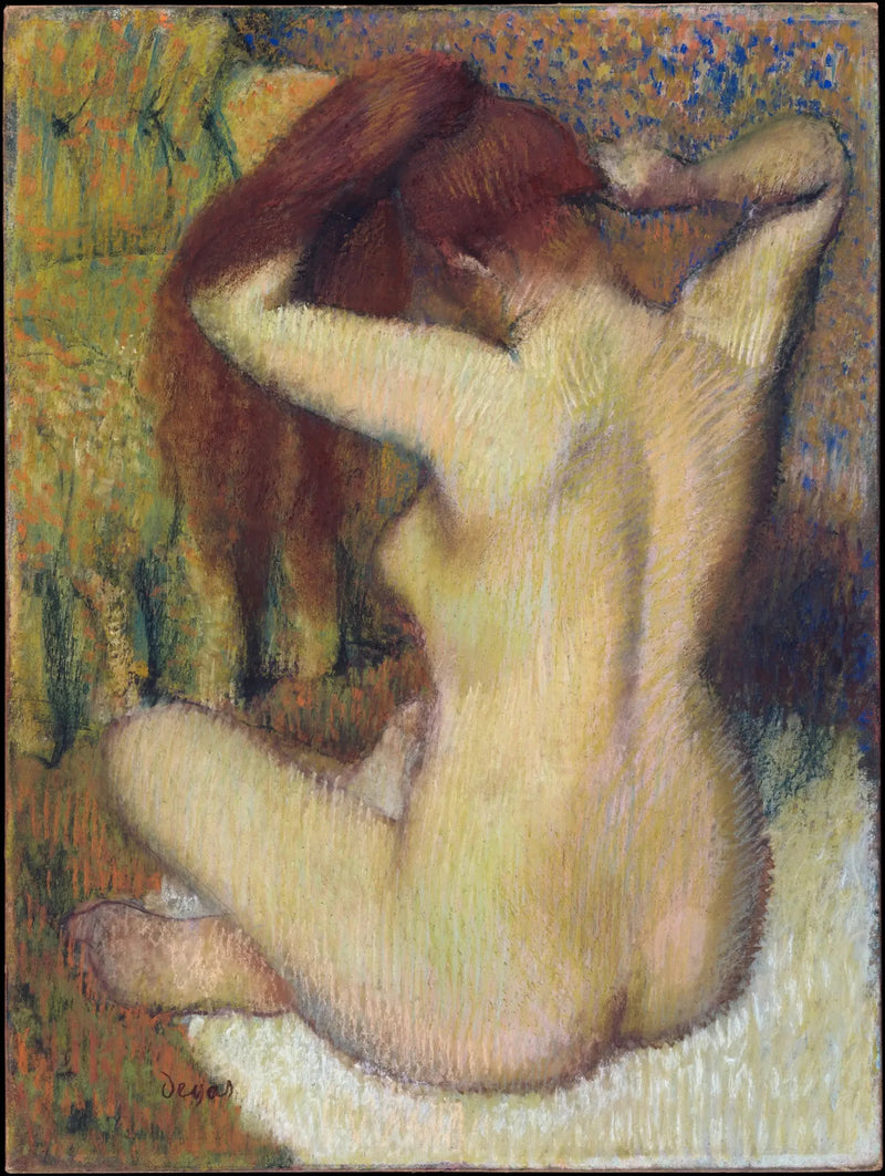 Vrouw die haar haar aan het kammen is - Edgar Degas