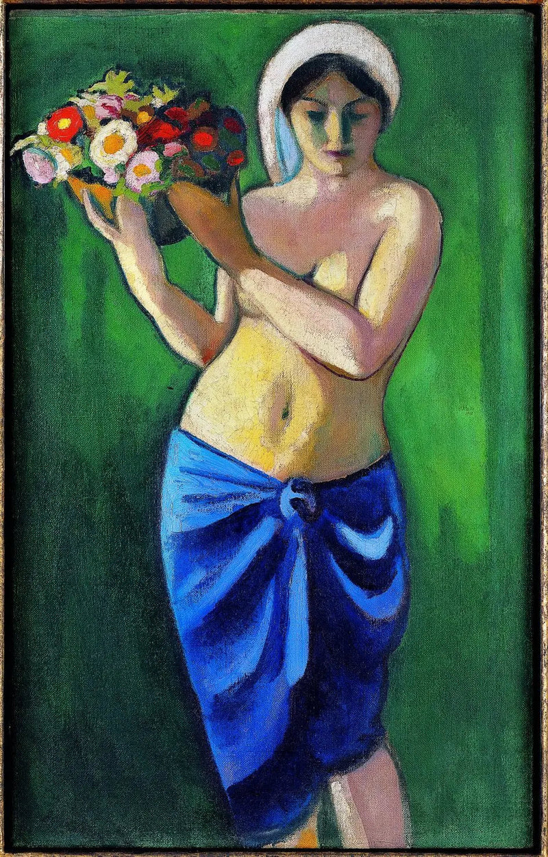 Vrouw die een schaal met bloemen ondersteunt - August Macke
