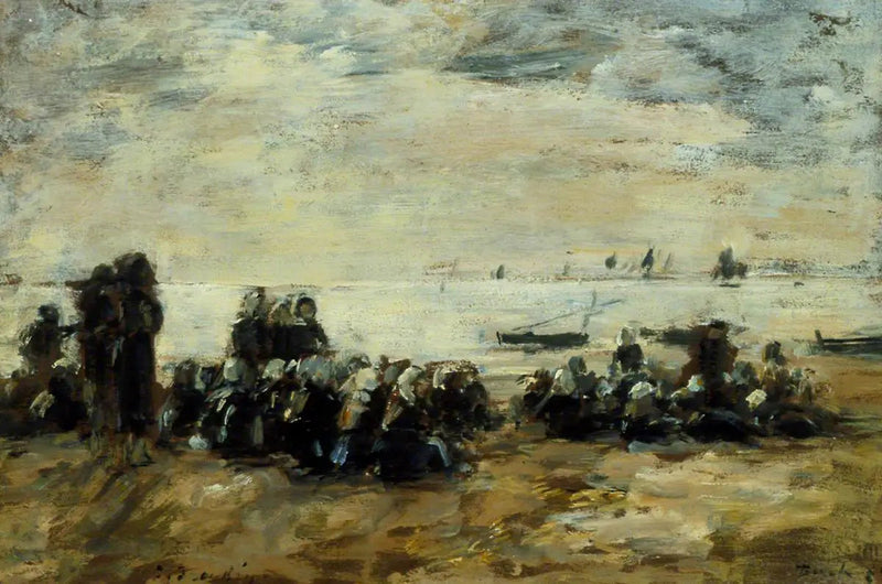 Vrouwen die op de vissersboten wachten op het strand van Berck - Eugène Boudin