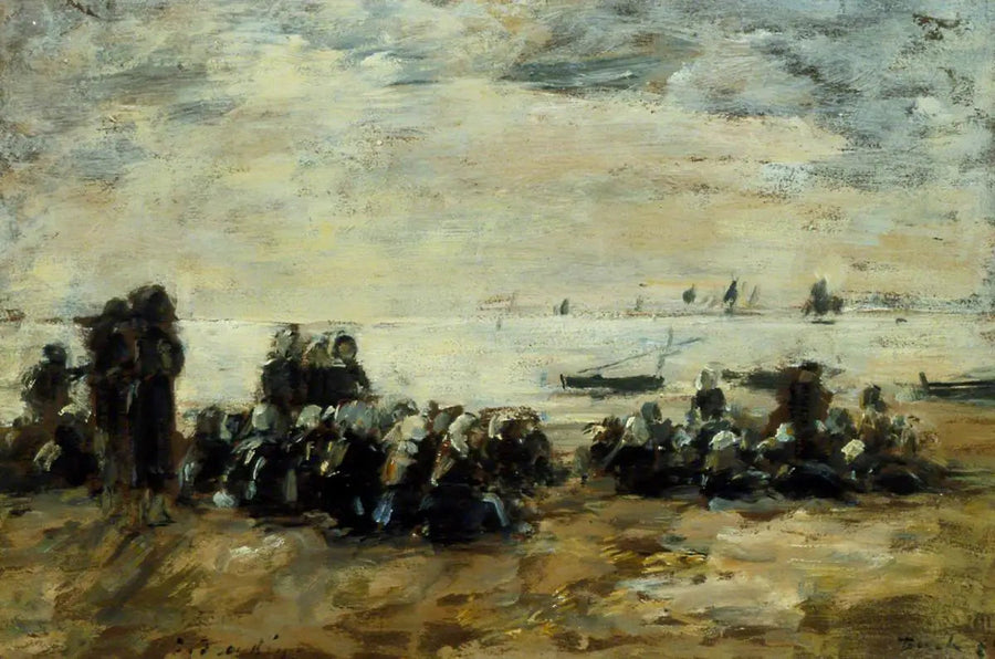 Vrouwen die op de vissersboten wachten op het strand van Berck - Eugène Boudin