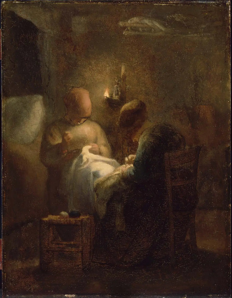 Vrouwen die bij het licht van een lamp naaien (De avondwandeling) - Jean-François Millet