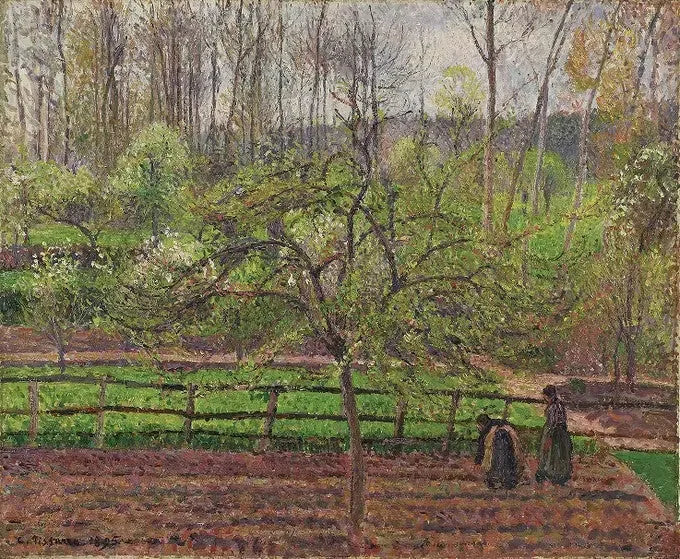 Vrouwen in een boomgaard, lente, grijze tijd, Éragny - Camille Pissarro